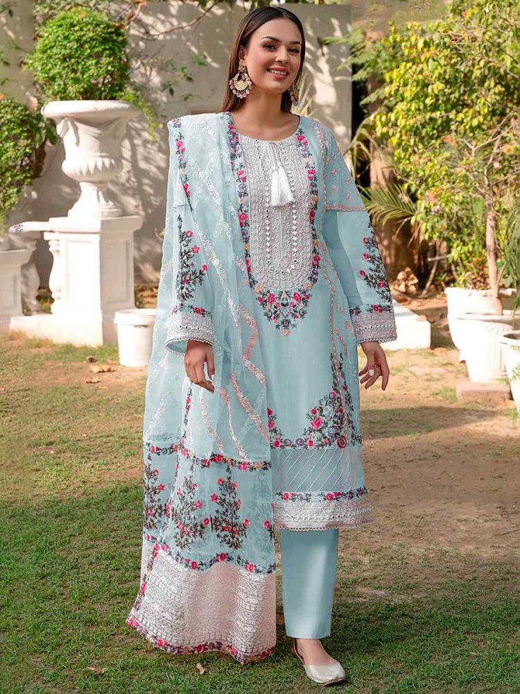 Sky Blue Georgette Embroidered Festival Wedding Pant Salwar Kameez