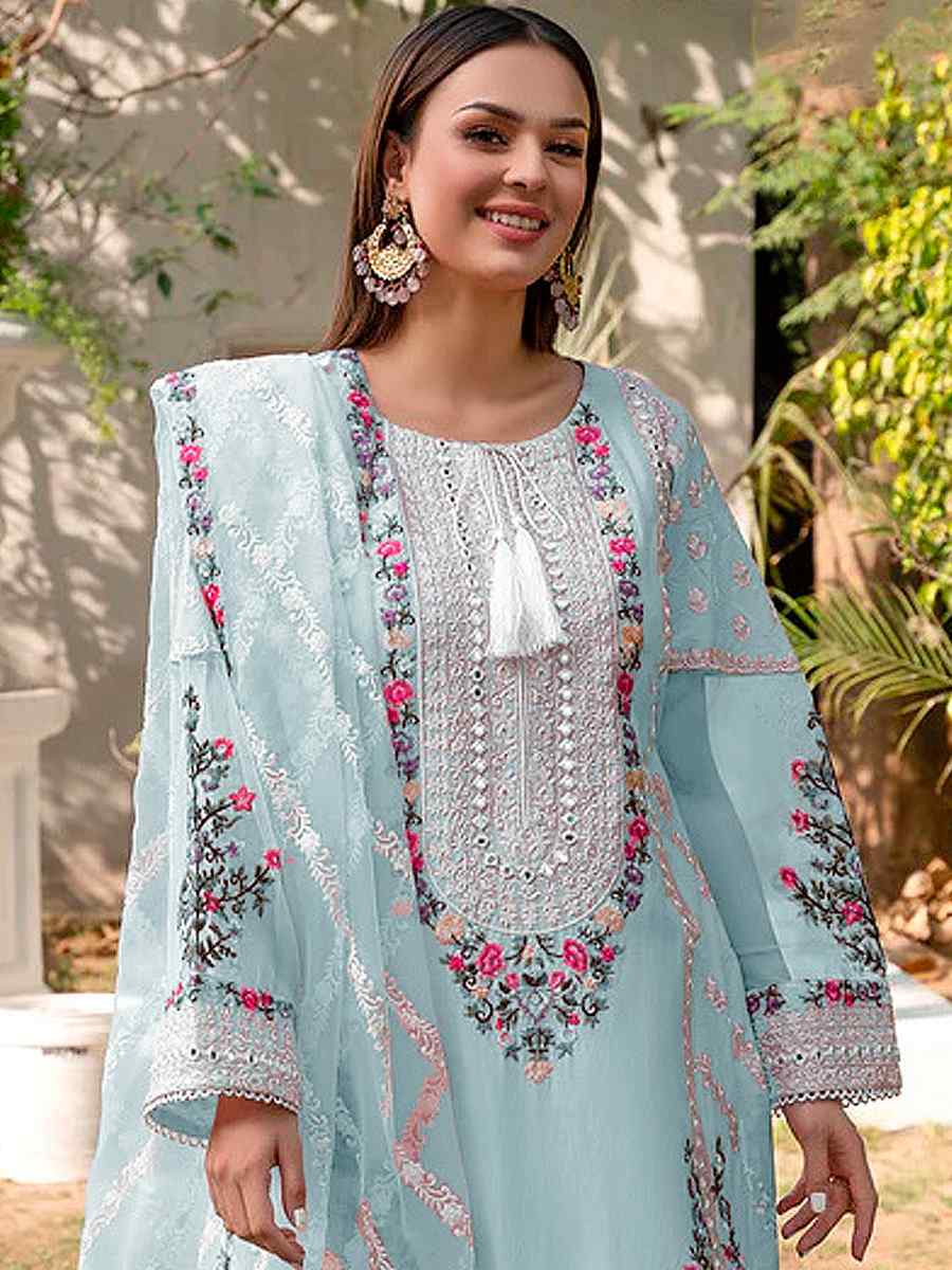 Sky Blue Georgette Embroidered Festival Wedding Pant Salwar Kameez