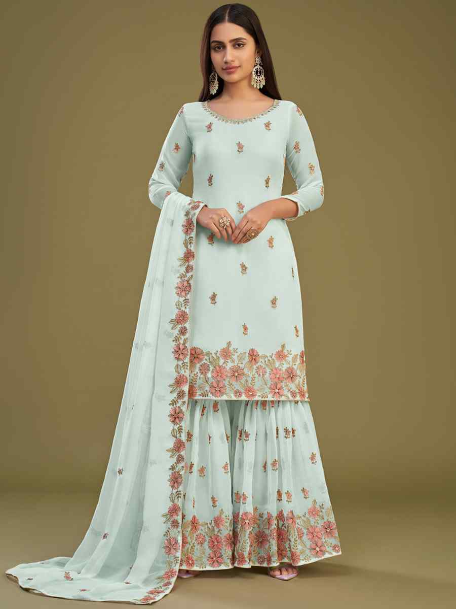 Sky Blue Georgette Embroidered Festival Wedding Sharara Pant Salwar Kameez