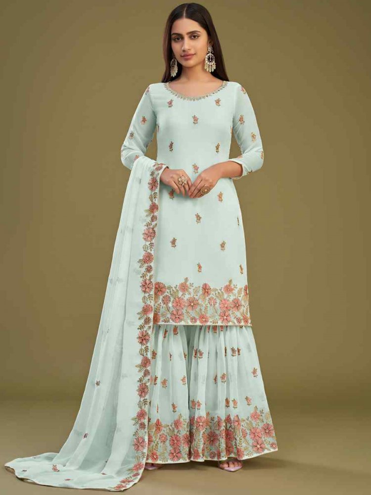 Sky Blue Georgette Embroidered Festival Wedding Sharara Pant Salwar Kameez