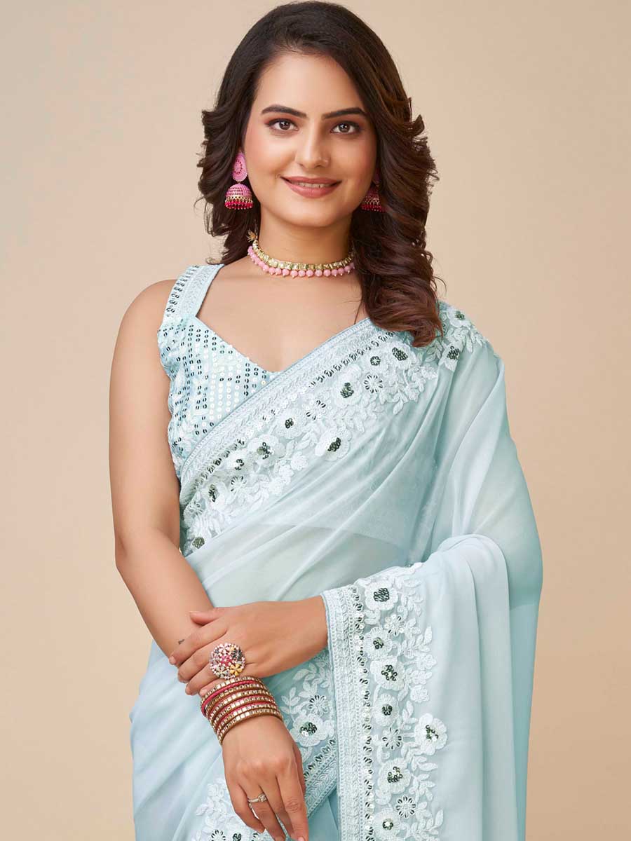 Sky Blue Georgette Embroidered Party Festival Heavy Border Saree