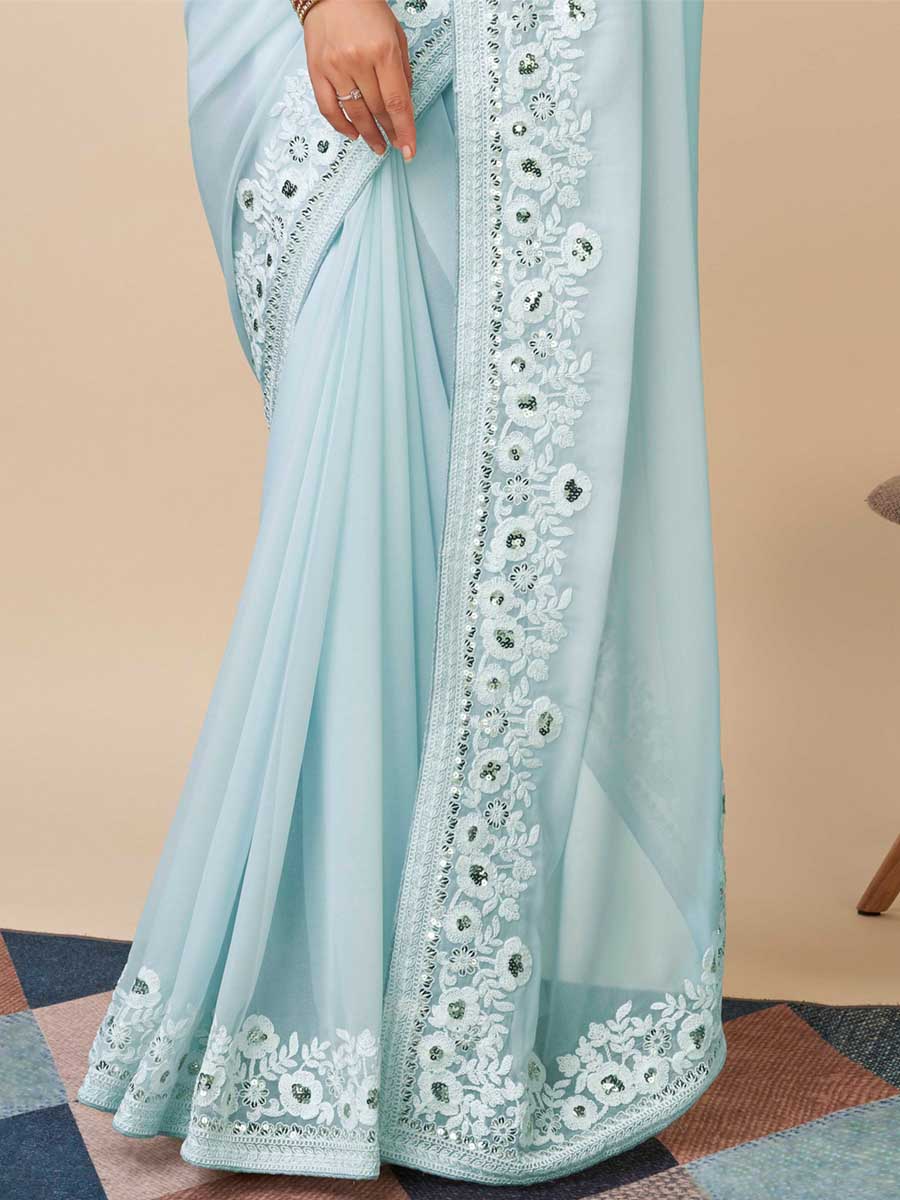 Sky Blue Georgette Embroidered Party Festival Heavy Border Saree