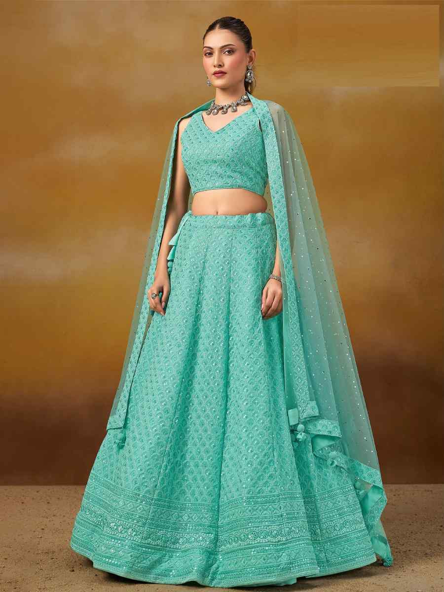 Sky Blue Georgette Embroidered Reception Wedding Heavy Border Lehenga Choli