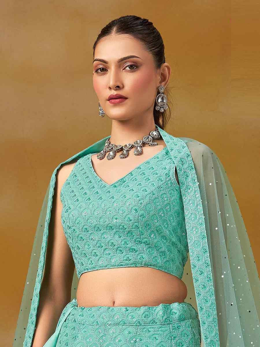 Sky Blue Georgette Embroidered Reception Wedding Heavy Border Lehenga Choli