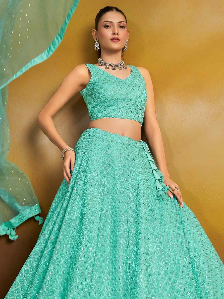 Sky Blue Georgette Embroidered Reception Wedding Heavy Border Lehenga Choli
