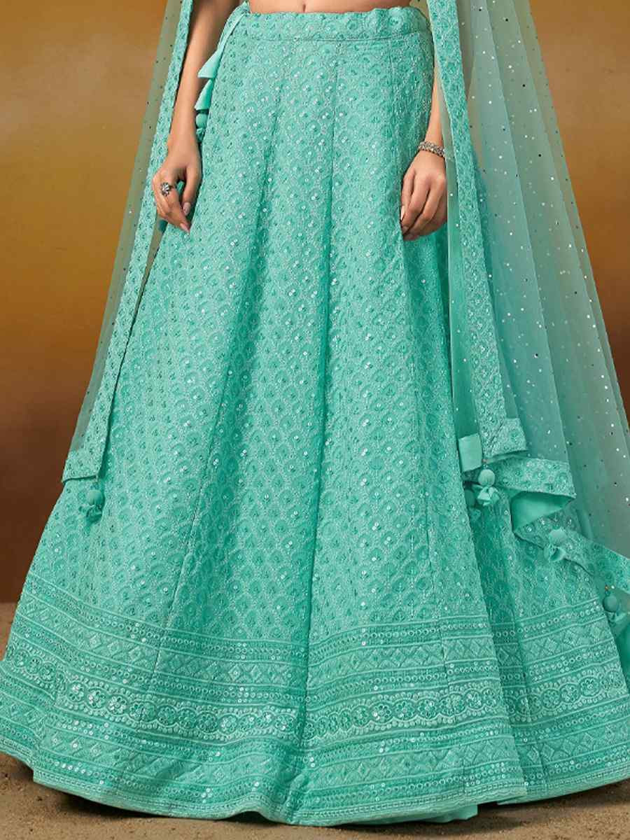 Sky Blue Georgette Embroidered Reception Wedding Heavy Border Lehenga Choli
