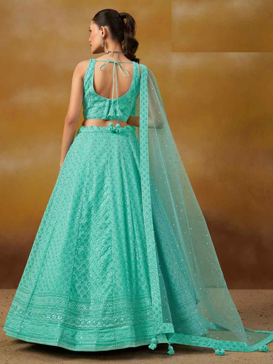 Sky Blue Georgette Embroidered Reception Wedding Heavy Border Lehenga Choli