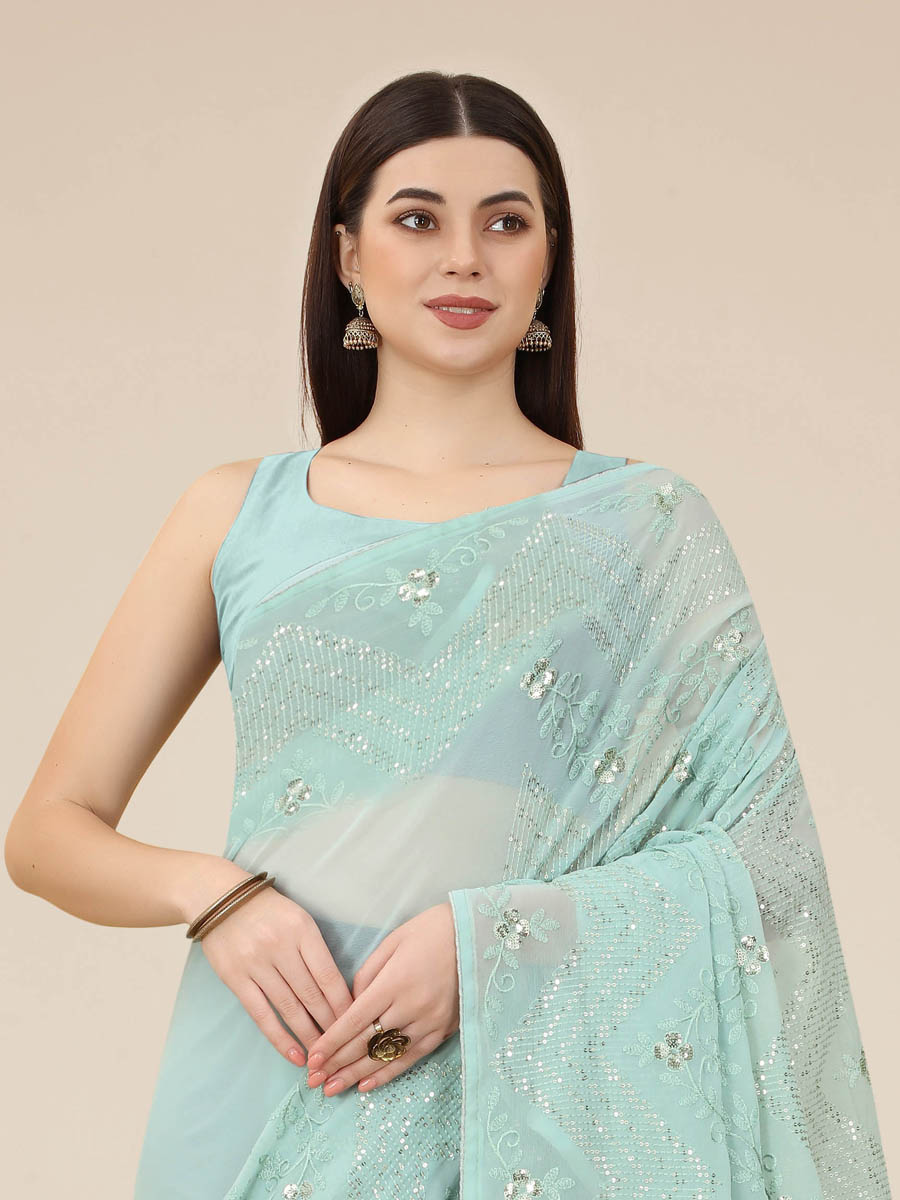 Sky Blue Georgette Embroidered Wedding Festival Classic Style Saree