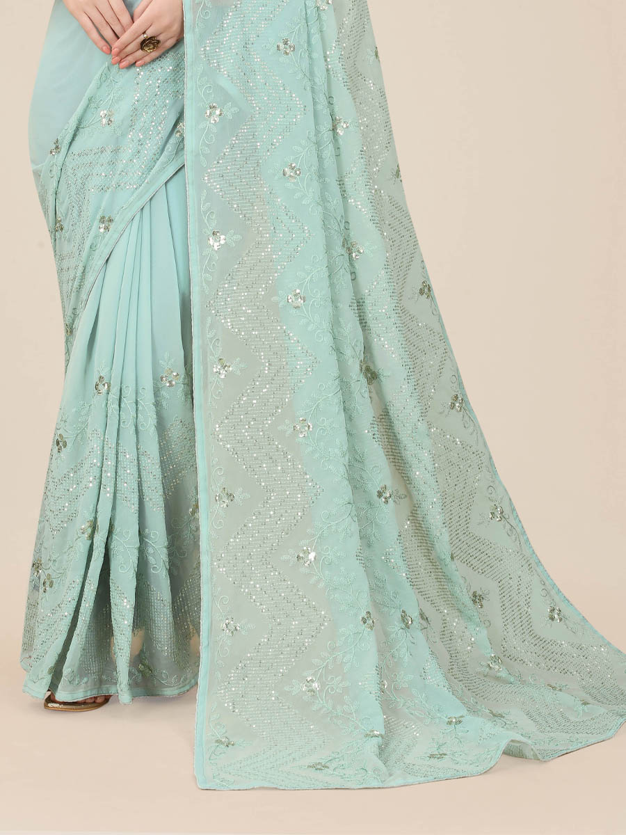 Sky Blue Georgette Embroidered Wedding Festival Classic Style Saree