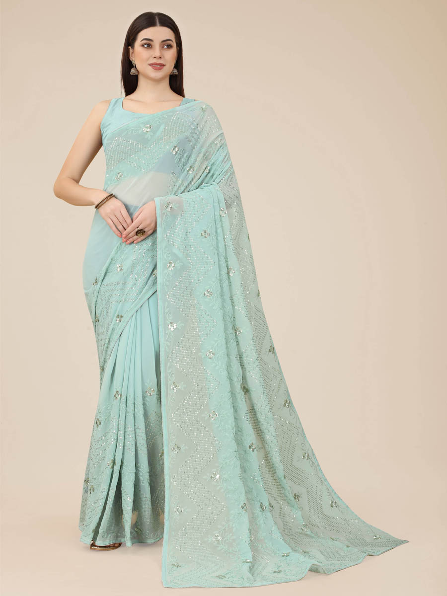 Sky Blue Georgette Embroidered Wedding Festival Classic Style Saree