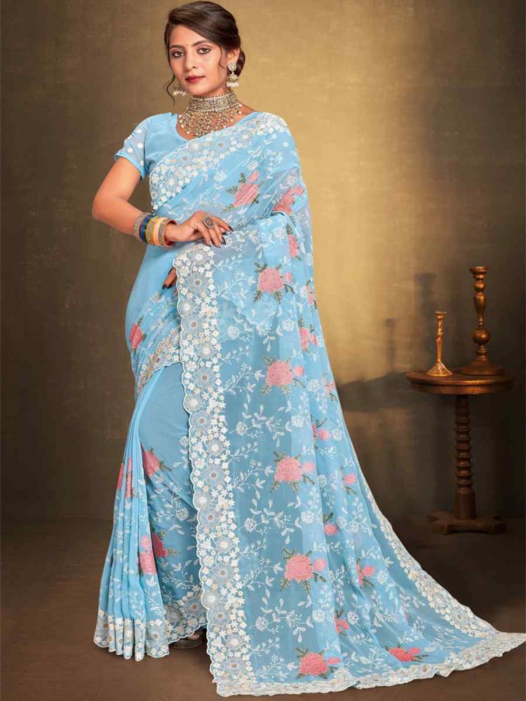 Sky Blue Georgette Embroidered Wedding Party Heavy Border Saree
