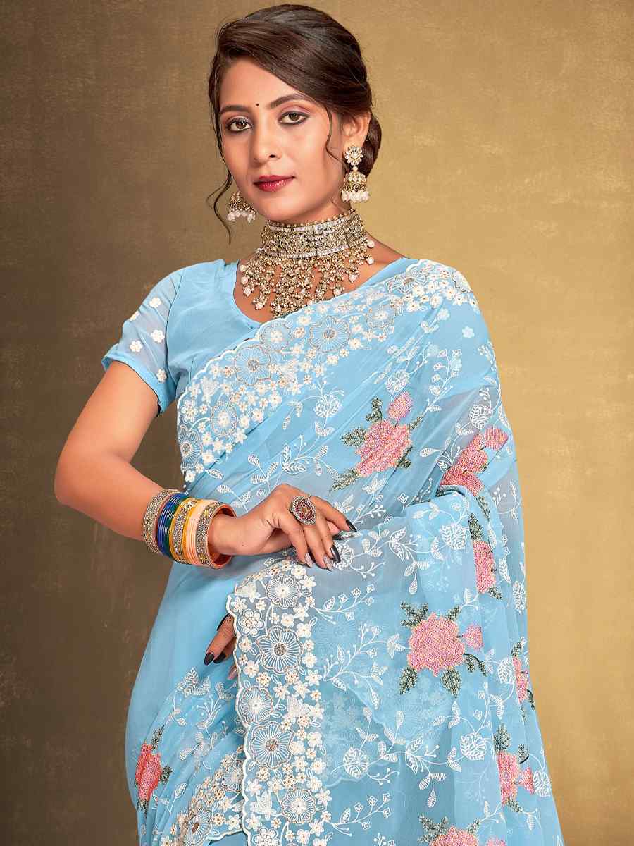 Sky Blue Georgette Embroidered Wedding Party Heavy Border Saree