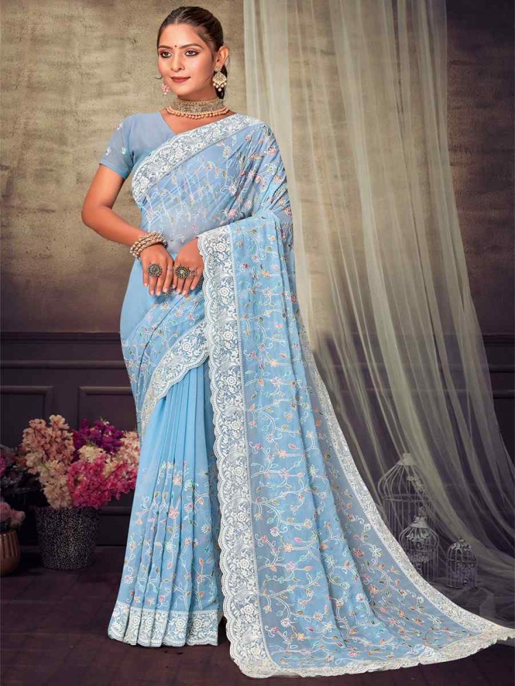 Sky Blue Georgette Embroidered Wedding Reception Heavy Border Saree