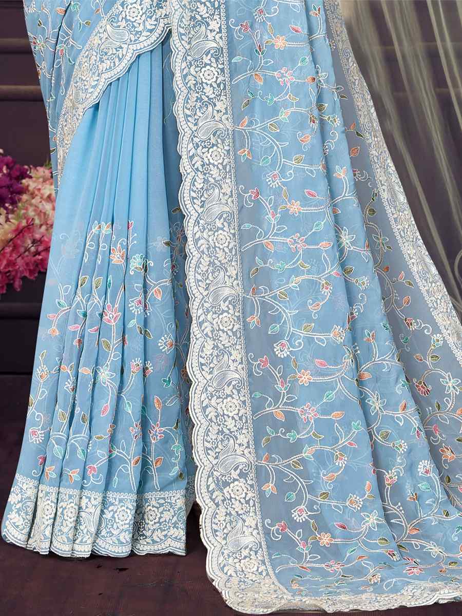 Sky Blue Georgette Embroidered Wedding Reception Heavy Border Saree