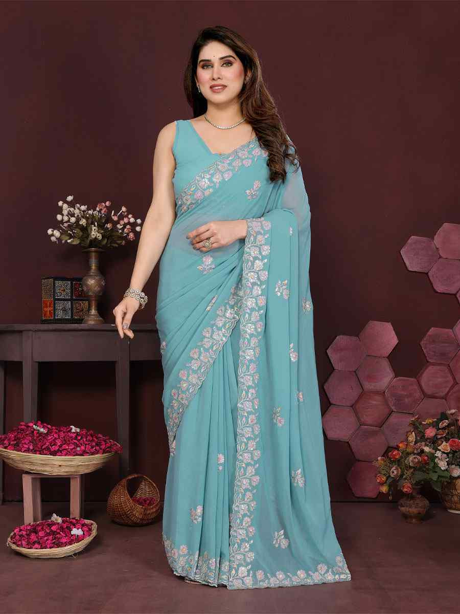 Sky Blue Georgette Embroidery Bridal Festival Wedding Traditional Fancy Heavy Border Sarees
