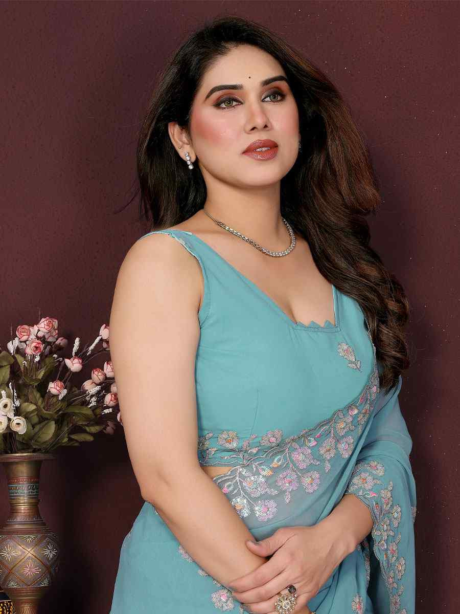 Sky Blue Georgette Embroidery Bridal Festival Wedding Traditional Fancy Heavy Border Sarees