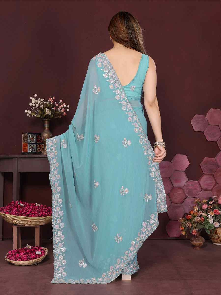 Sky Blue Georgette Embroidery Bridal Festival Wedding Traditional Fancy Heavy Border Sarees