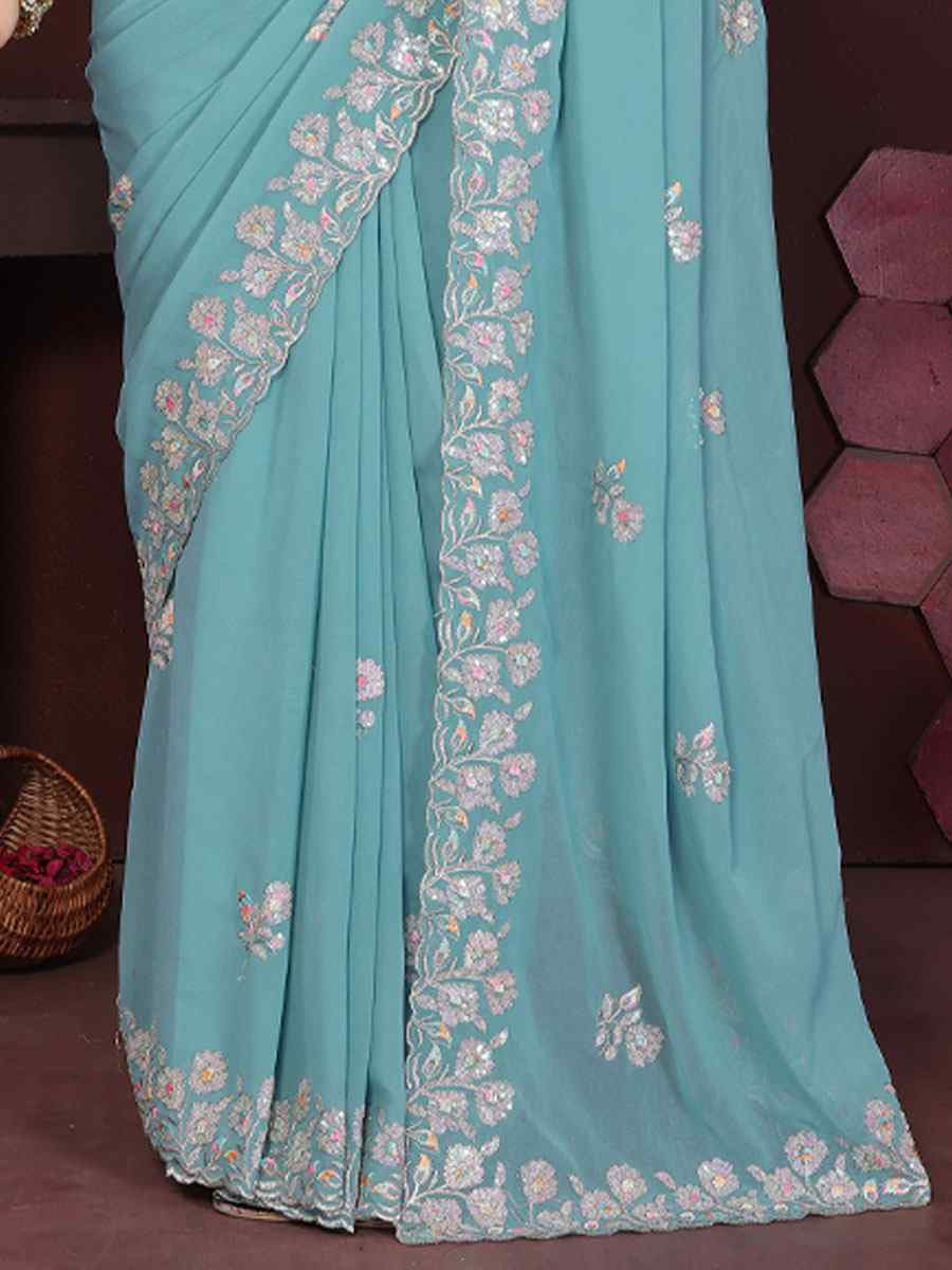 Sky Blue Georgette Embroidery Bridal Festival Wedding Traditional Fancy Heavy Border Sarees