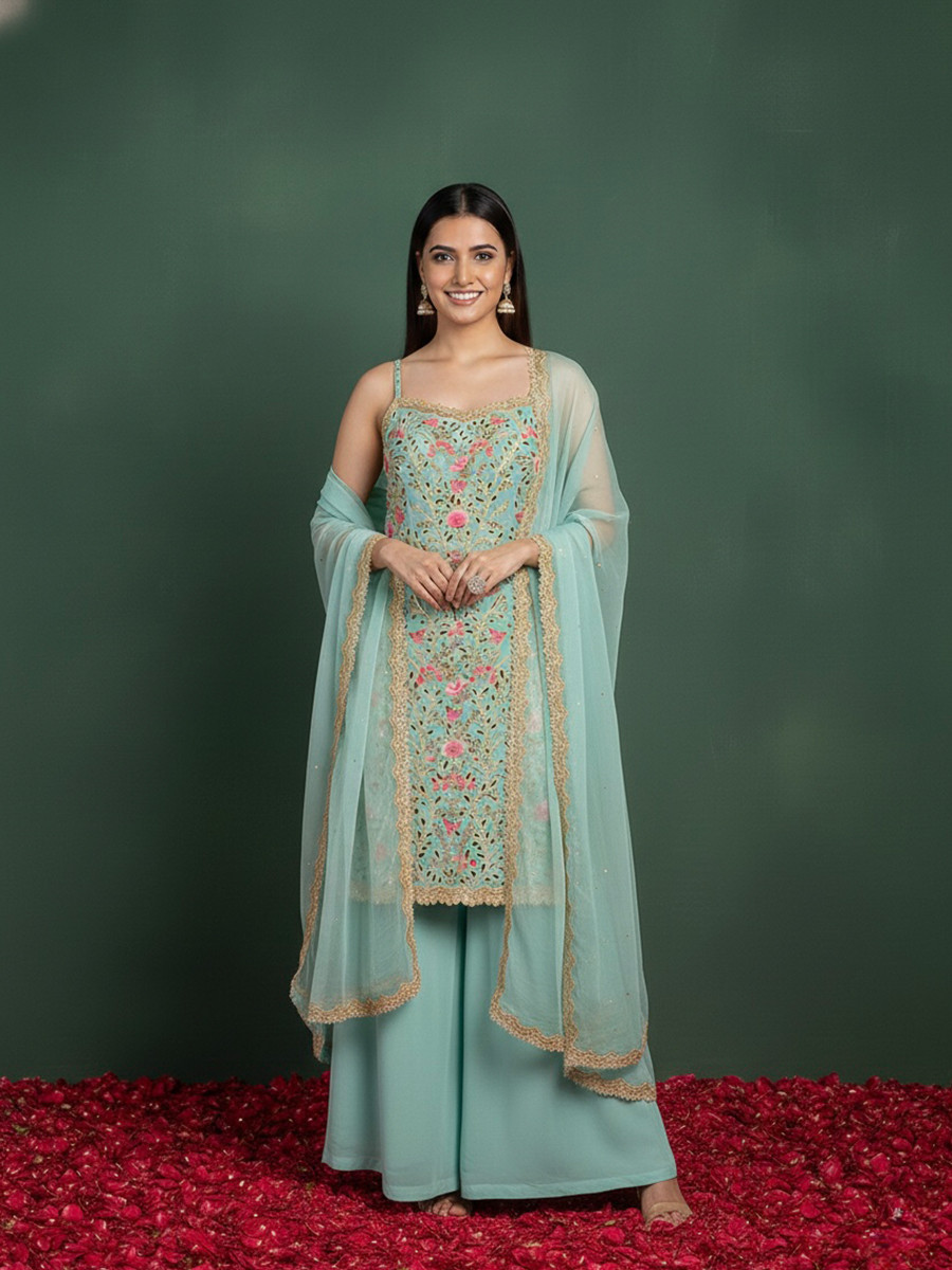 Sky Blue Georgette Embroidery Lace Work Festival Party Wear Palazzo Pant Salwar Kameez
