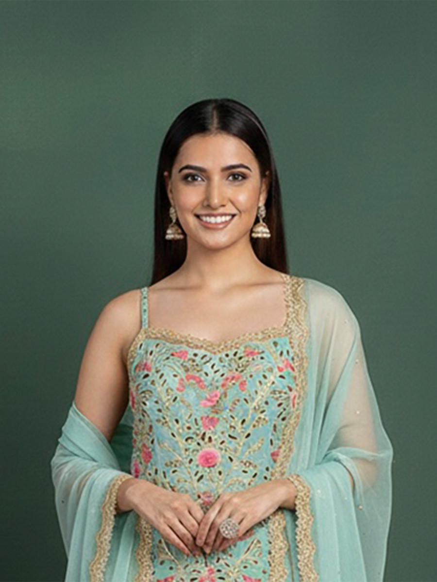 Sky Blue Georgette Embroidery Lace Work Festival Party Wear Palazzo Pant Salwar Kameez