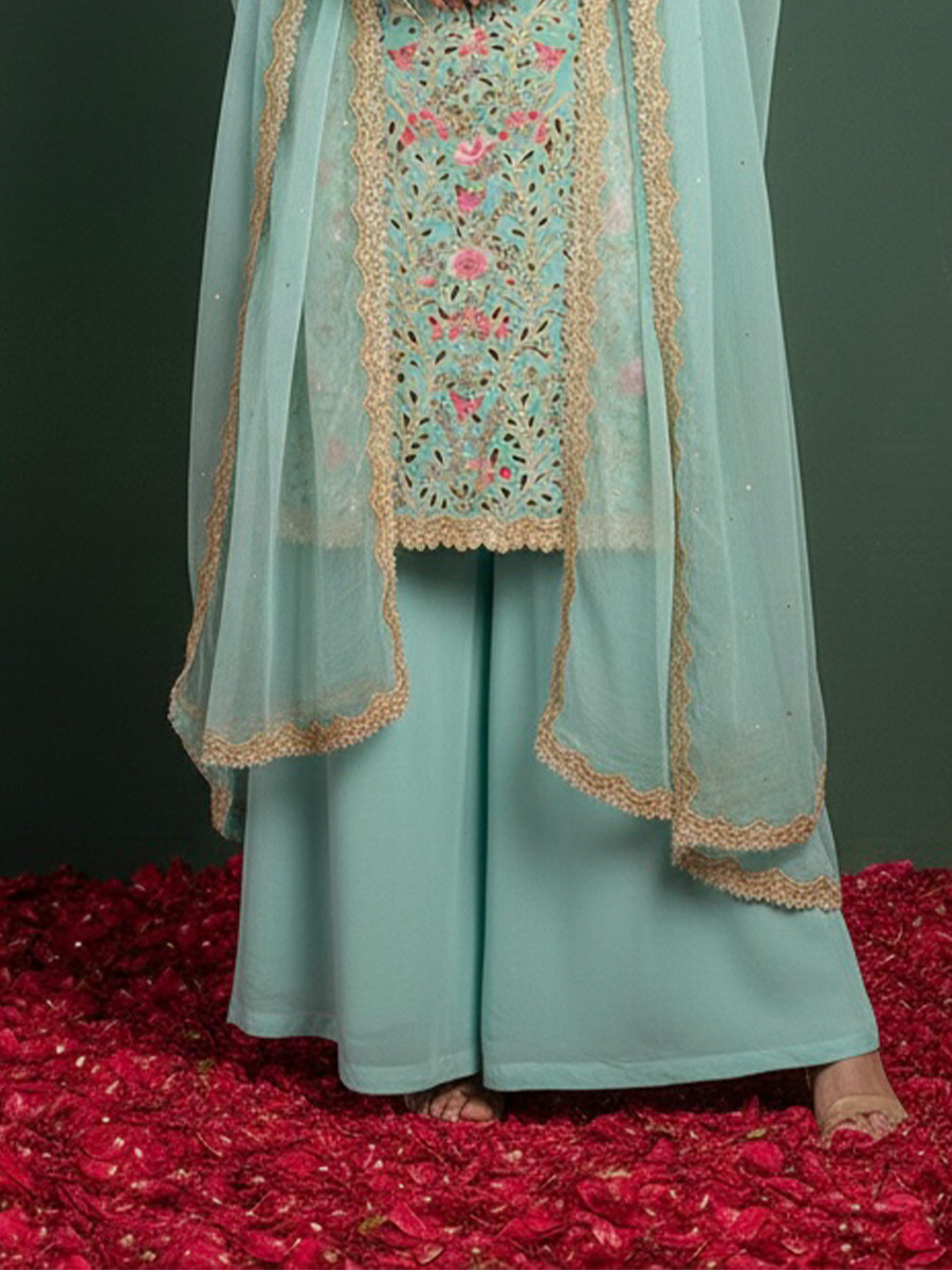 Sky Blue Georgette Embroidery Lace Work Festival Party Wear Palazzo Pant Salwar Kameez