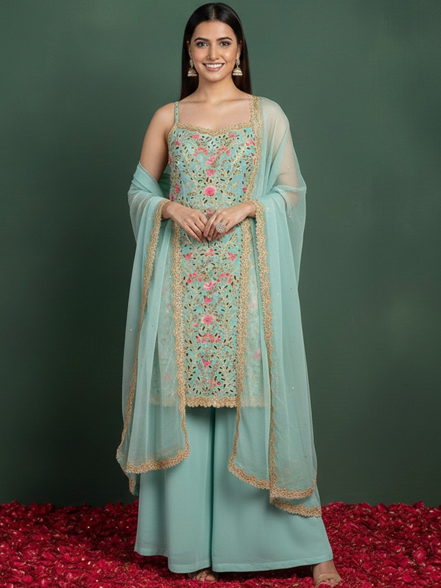 Sky Blue Georgette Embroidery Lace Work Festival Party Wear Palazzo Pant Salwar Kameez
