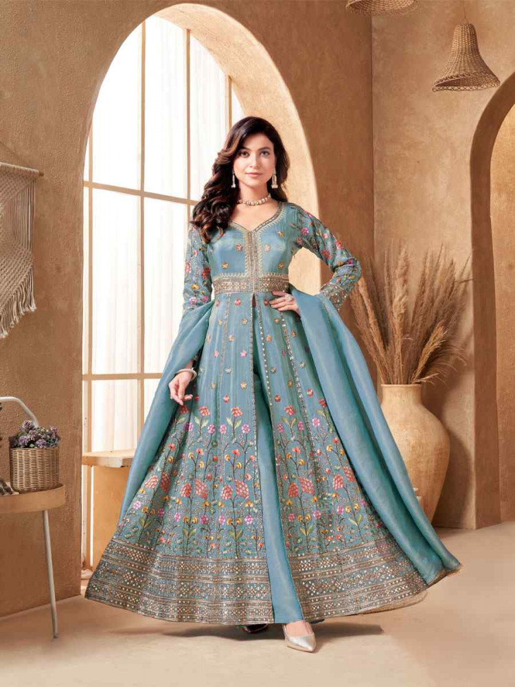 Image of Sky Blue Georgette Embroidery Party Wedding Festival Casual Ready Lawn Salwar Kameez