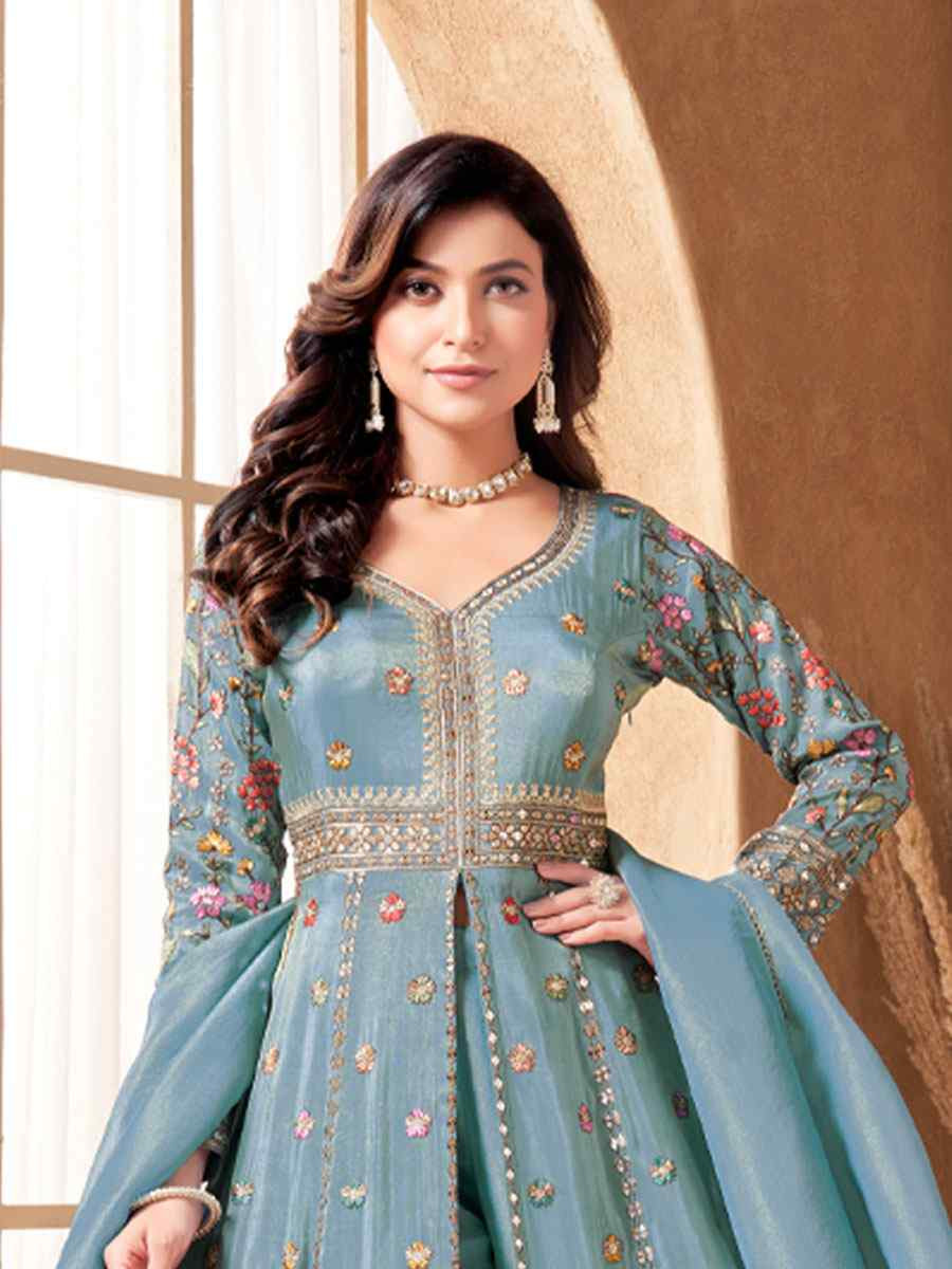 Sky Blue Georgette Embroidery Party Wedding Festival Casual Ready Lawn Salwar Kameez