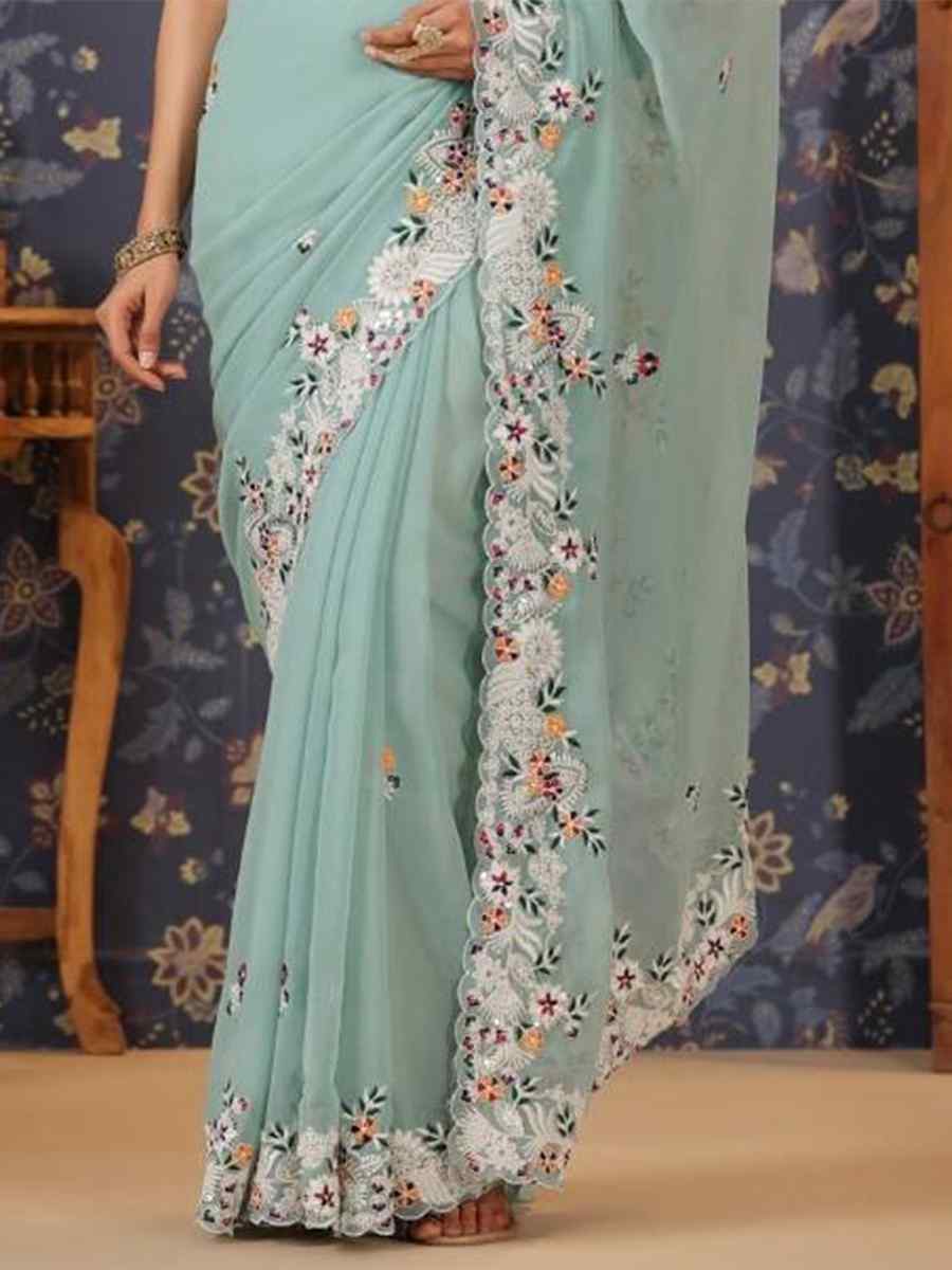 Sky Blue Georgette Embroidery Reception Wedding Heavy Border Saree