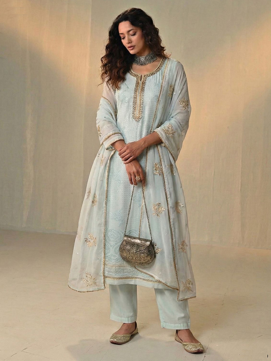 Sky Blue Georgette Embroidery Sequins Wedding Party Festival Ready Pant Salwar Kameez