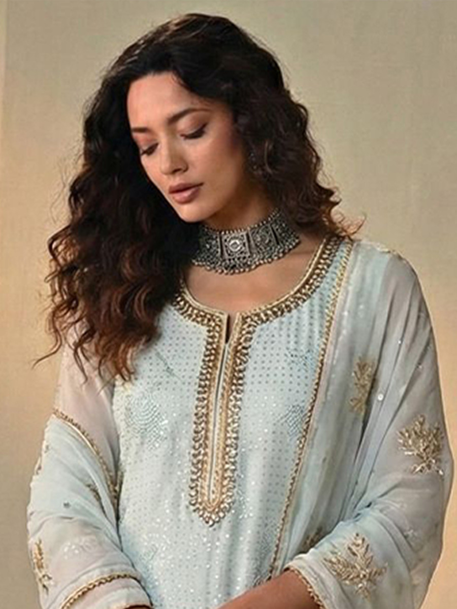 Sky Blue Georgette Embroidery Sequins Wedding Party Festival Ready Pant Salwar Kameez