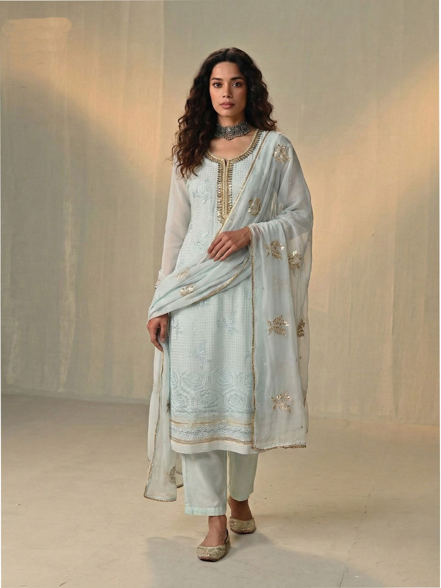 Sky Blue Georgette Embroidery Sequins Wedding Party Festival Ready Pant Salwar Kameez