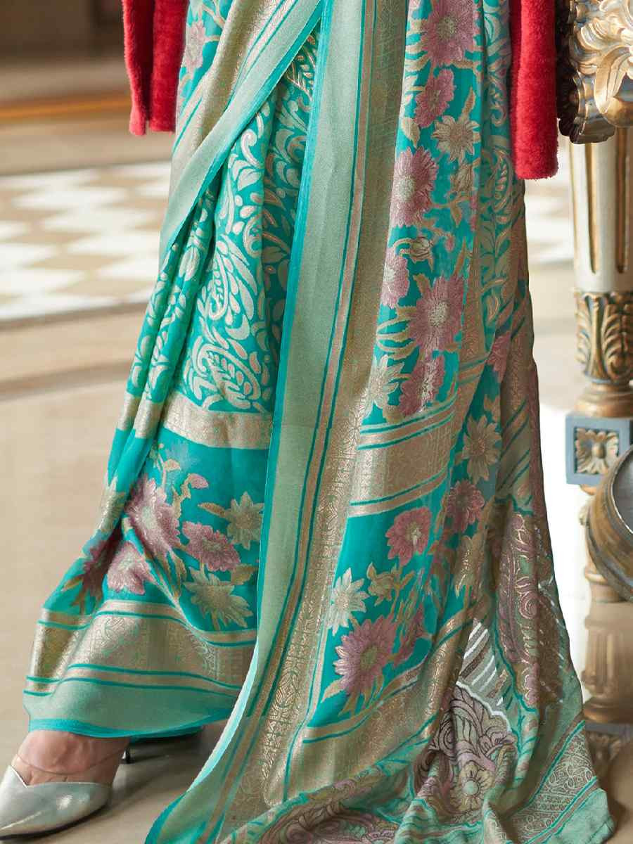 Sky Blue Georgette Printed Party Reception Festival Wedding Fancy Classic Style Sarees