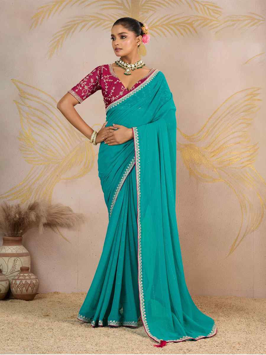Sky Blue Georgette Sequins Embroidery Party Reception Festival Wedding Fancy Classic Style Sarees