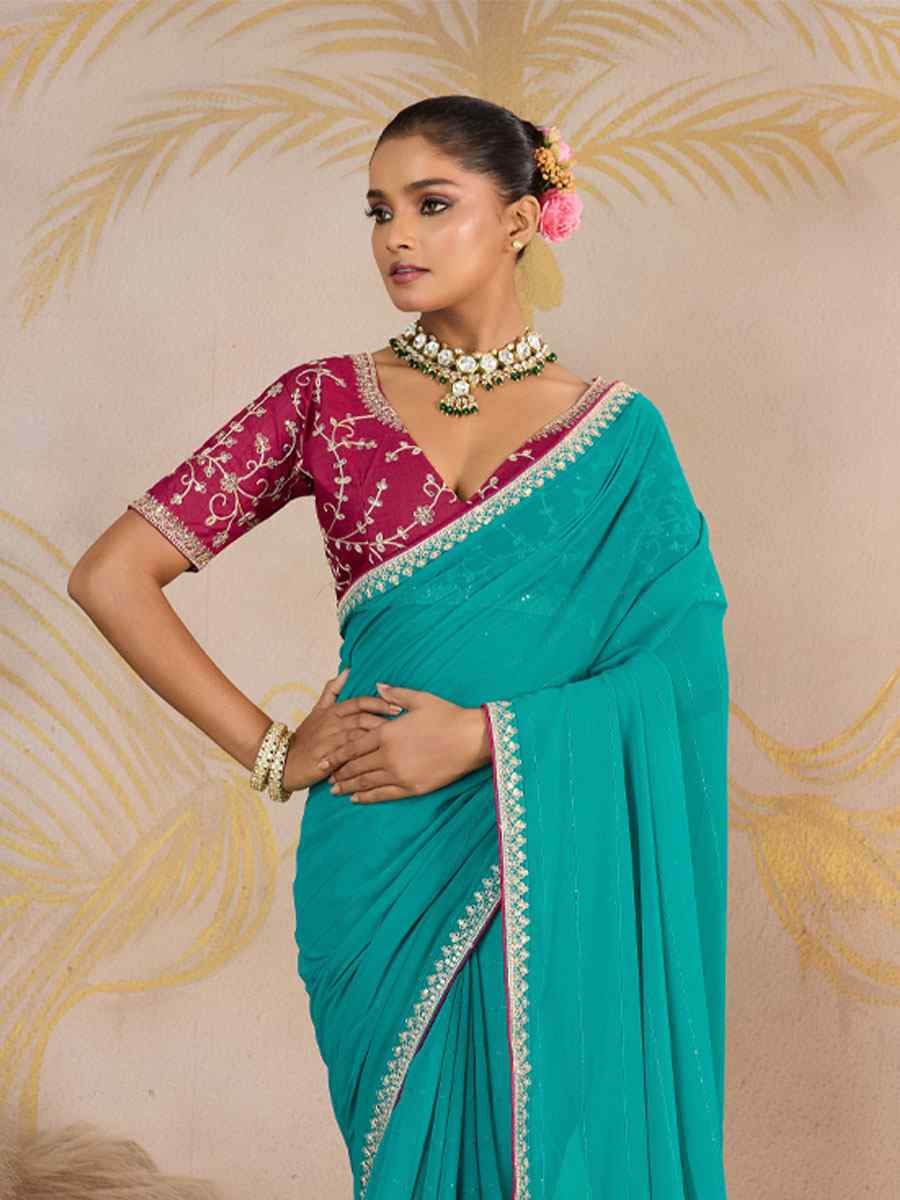 Sky Blue Georgette Sequins Embroidery Party Reception Festival Wedding Fancy Classic Style Sarees
