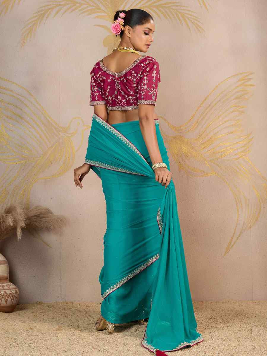 Sky Blue Georgette Sequins Embroidery Party Reception Festival Wedding Fancy Classic Style Sarees