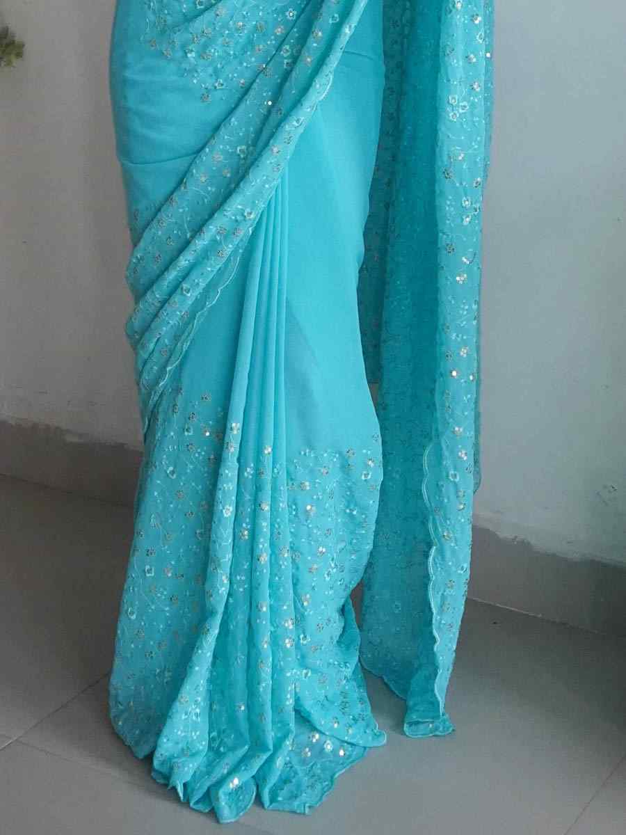 Sky Blue Georgette Sequins Festival Party Classic Style Saree