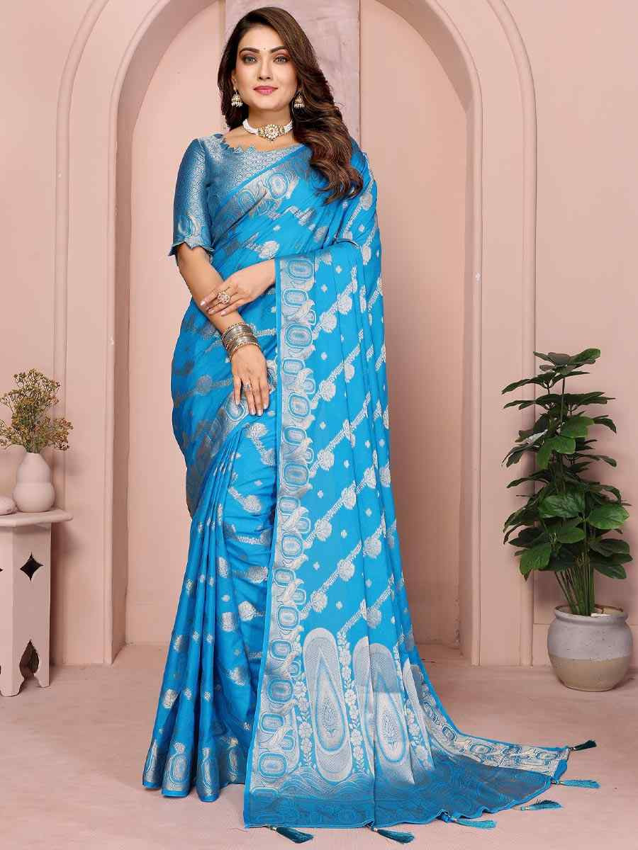 Sky Blue Georgette Silk Handwoven Festival Wedding Fancy Heavy Border Saree