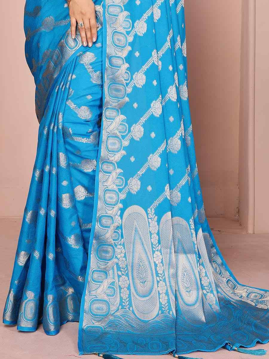 Sky Blue Georgette Silk Handwoven Festival Wedding Fancy Heavy Border Saree