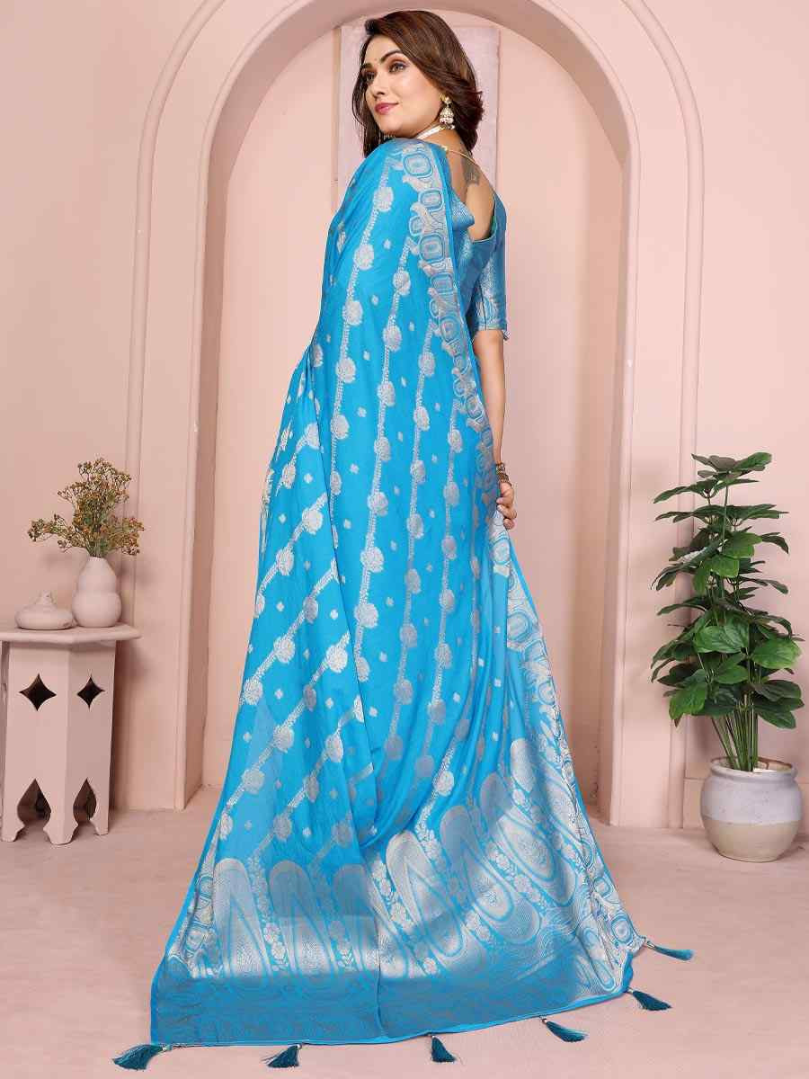 Sky Blue Georgette Silk Handwoven Festival Wedding Fancy Heavy Border Saree