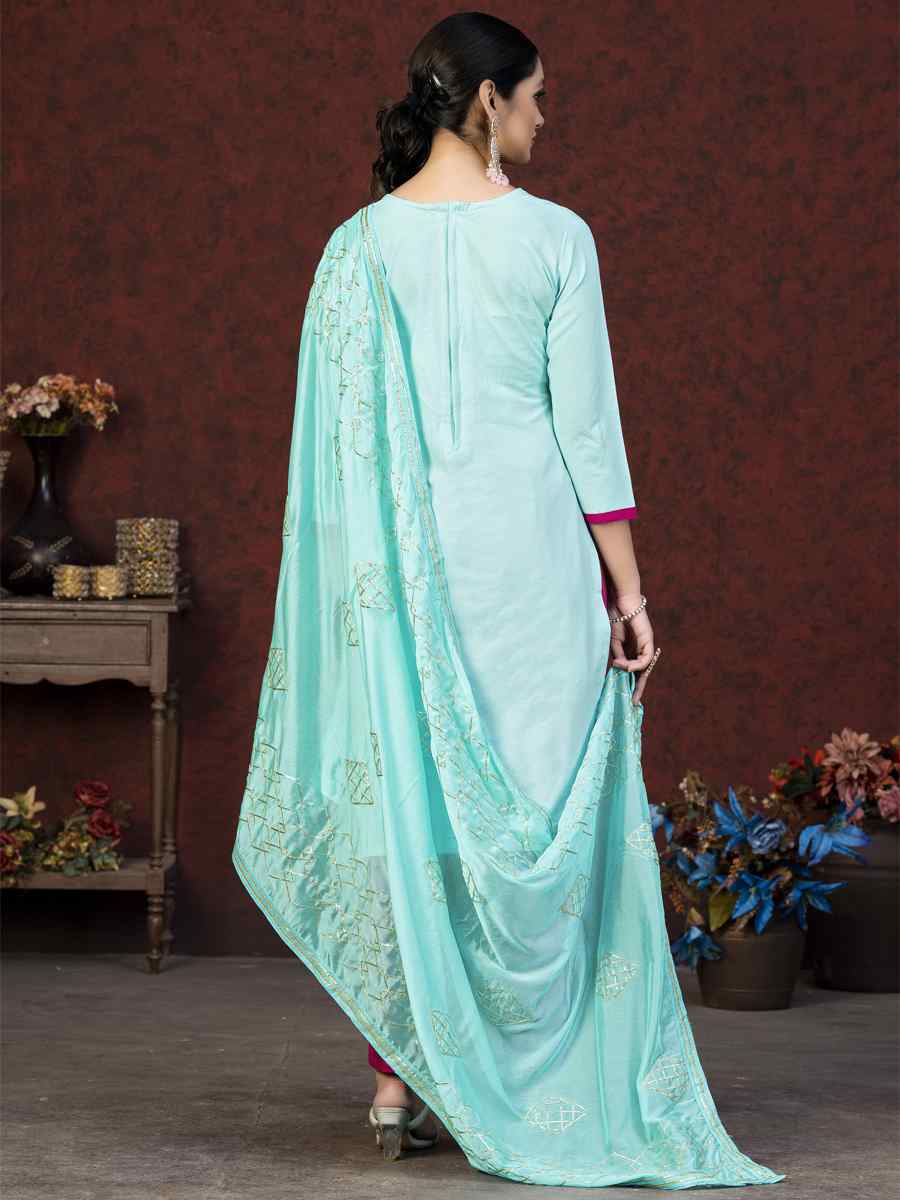 Sky Blue Glass Cotton Embroidered Casual Festival Pant Salwar Kameez