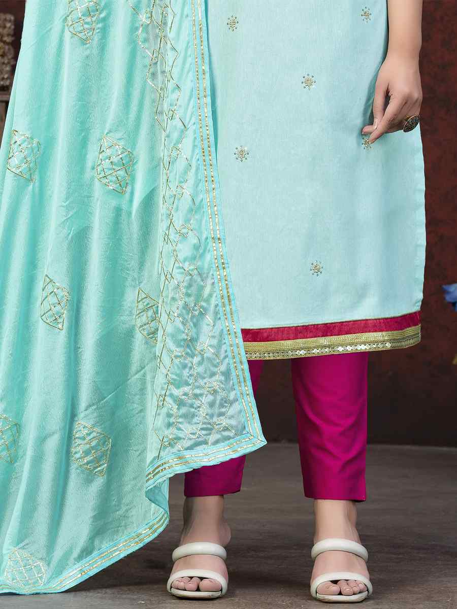 Sky Blue Glass Cotton Embroidered Casual Festival Pant Salwar Kameez