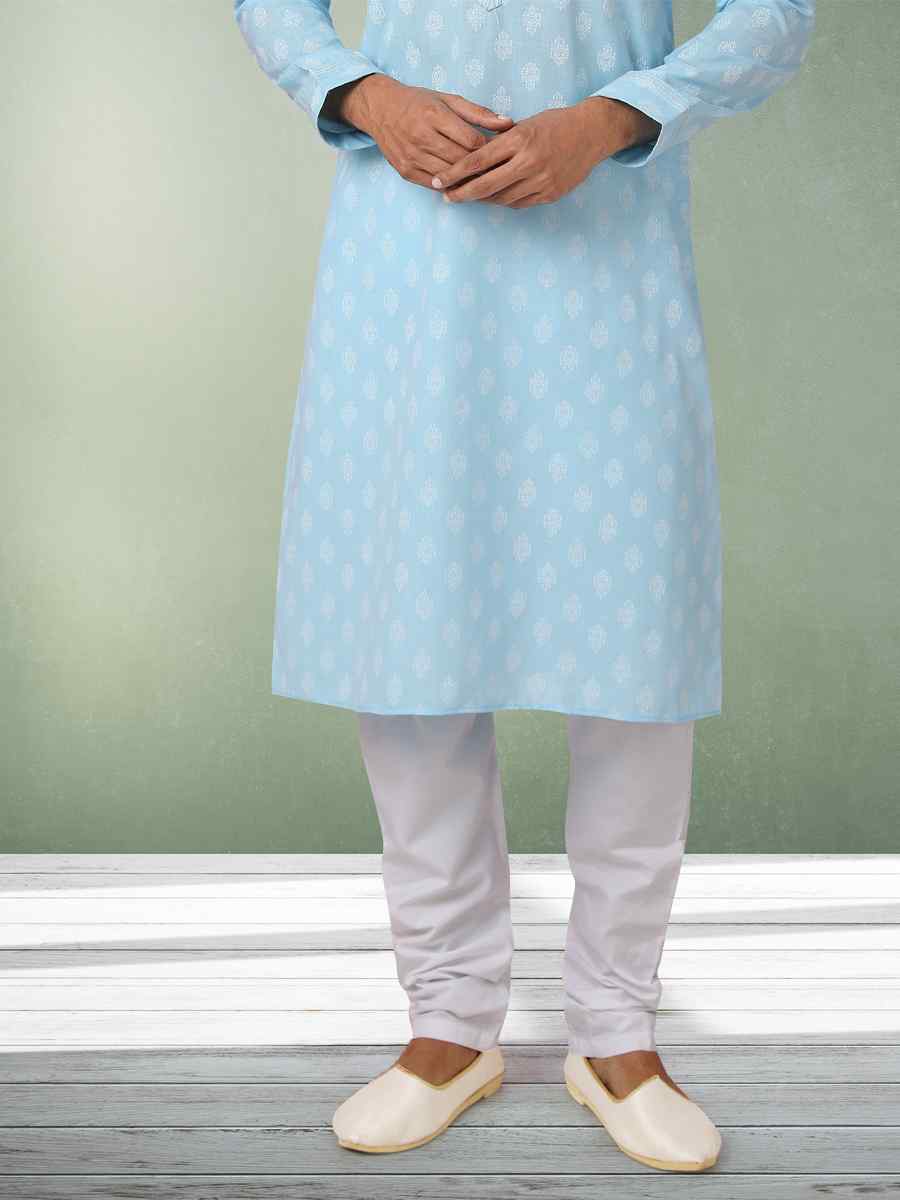 Sky Blue Hand Loomed In Rich Yarns Of Cotton Printed Festival Wedding Kurta