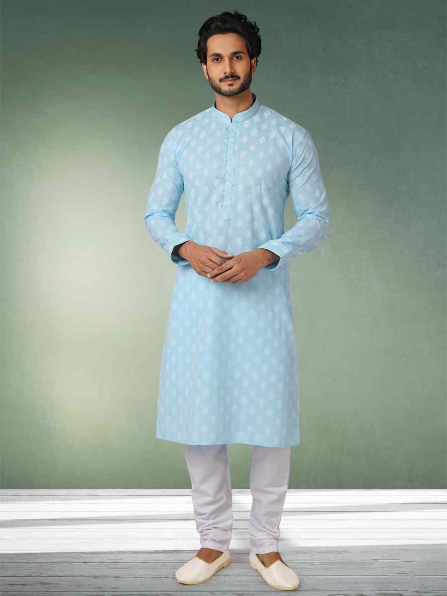 Sky Blue Hand Loomed In Rich Yarns Of Cotton Printed Festival Wedding Kurta