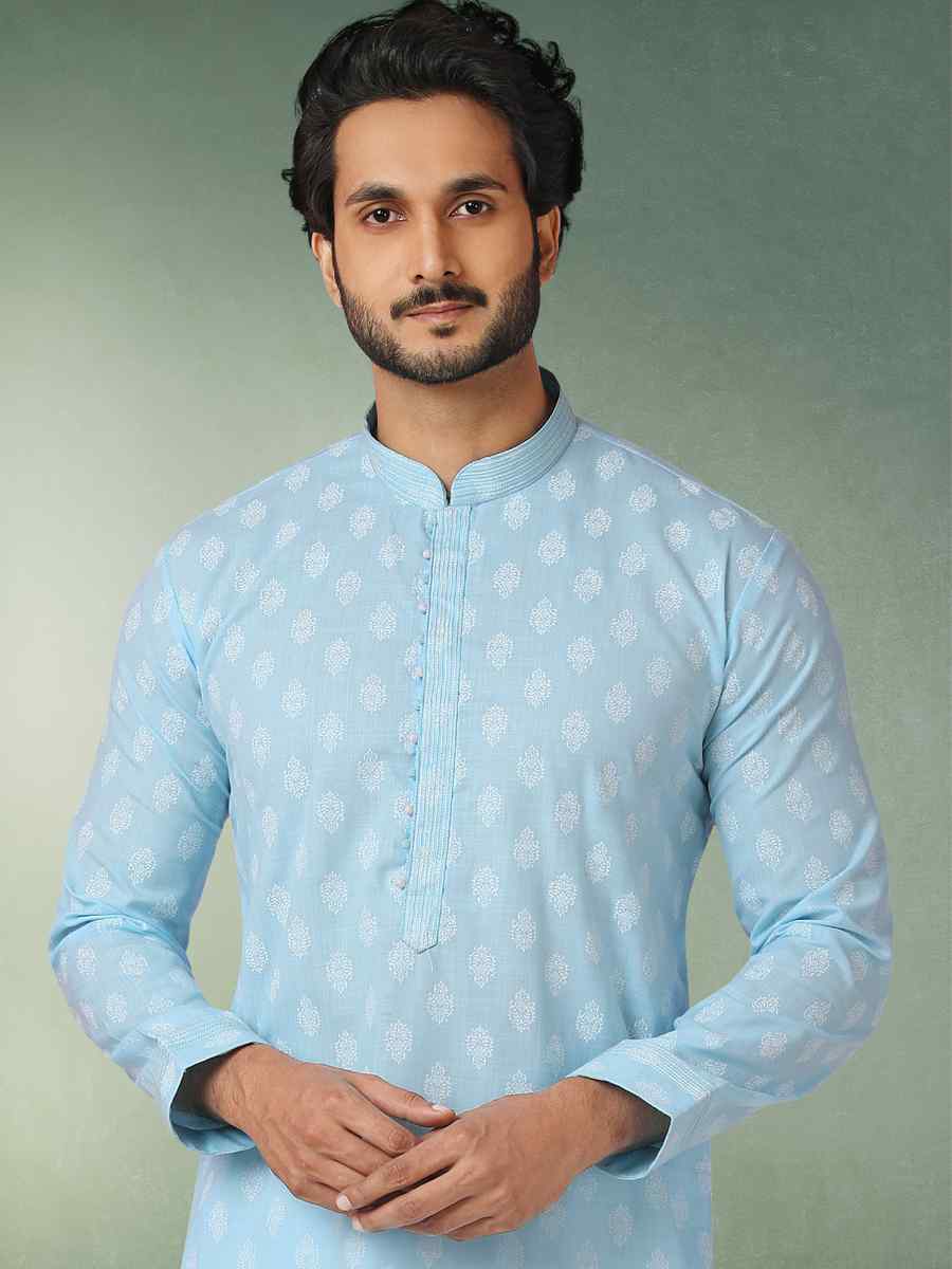 Sky Blue Hand Loomed In Rich Yarns Of Cotton Printed Festival Wedding Kurta
