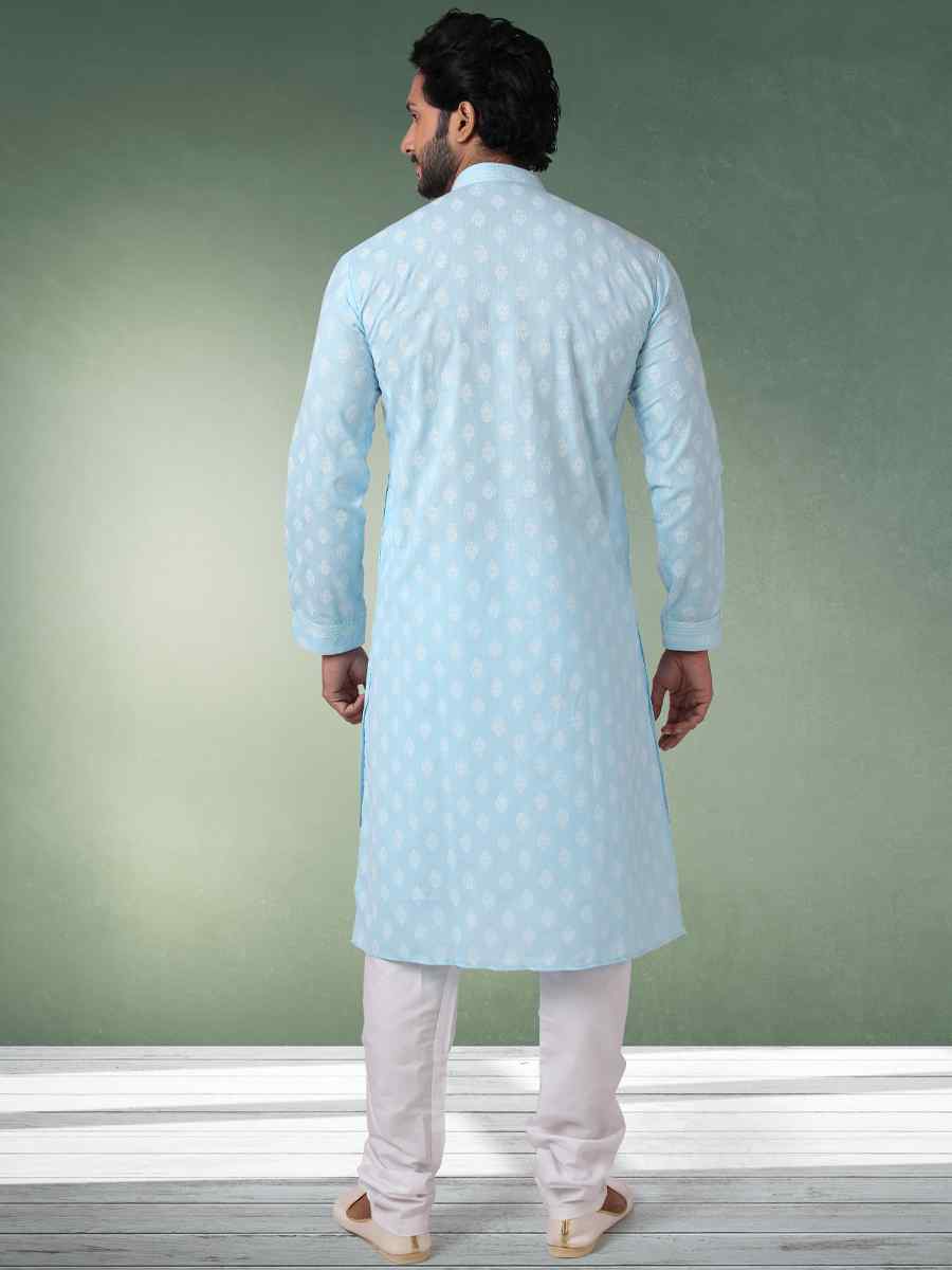 Sky Blue Hand Loomed In Rich Yarns Of Cotton Printed Festival Wedding Kurta