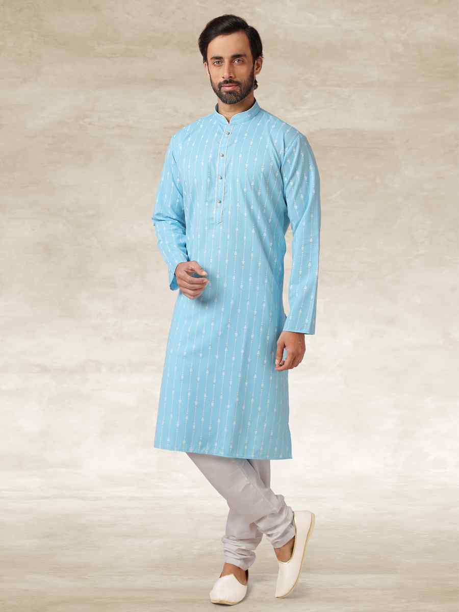 Sky Blue Hand Loomed In Rich Yarns Of Cotton Printed Party Wedding Kurta