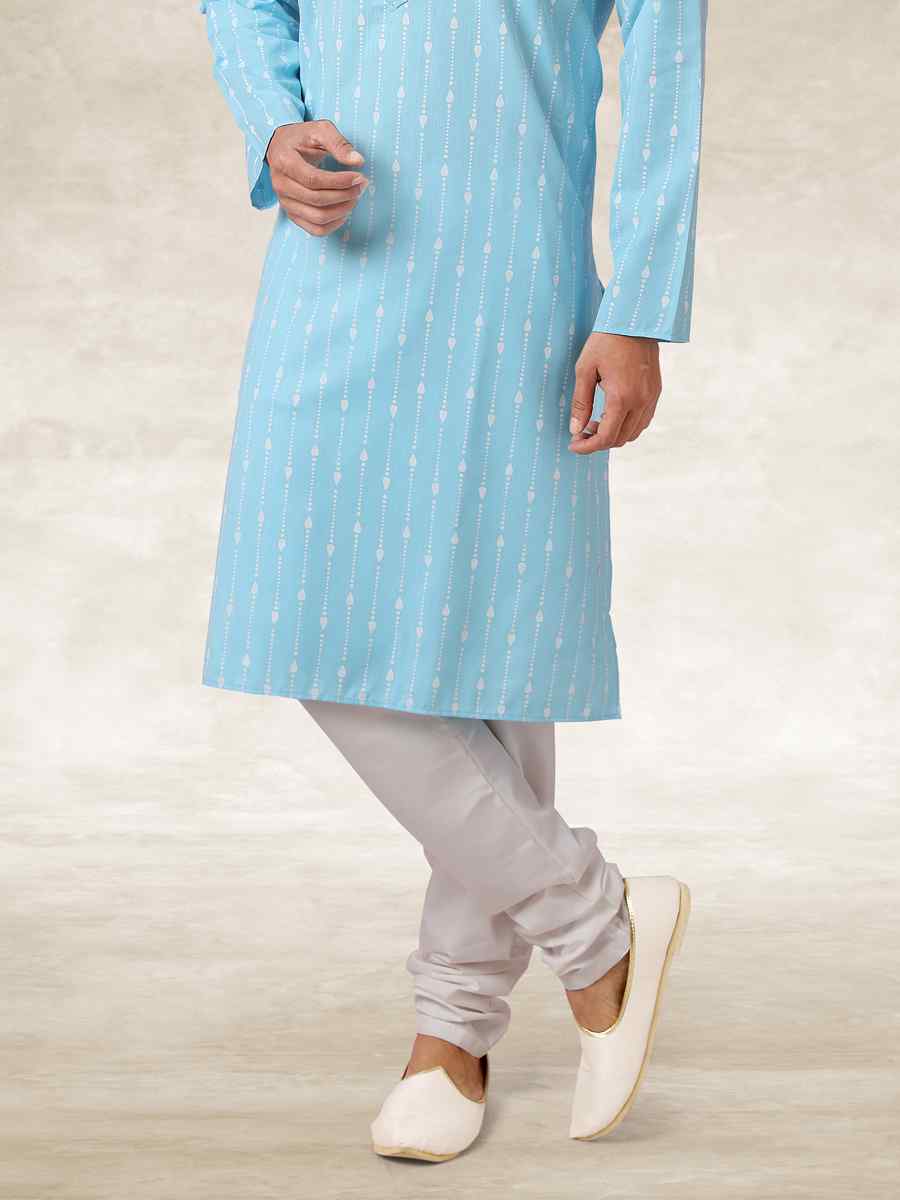 Sky Blue Hand Loomed In Rich Yarns Of Cotton Printed Party Wedding Kurta