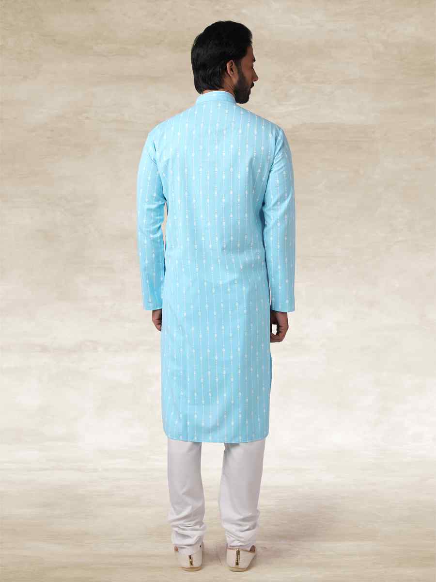 Sky Blue Hand Loomed In Rich Yarns Of Cotton Printed Party Wedding Kurta