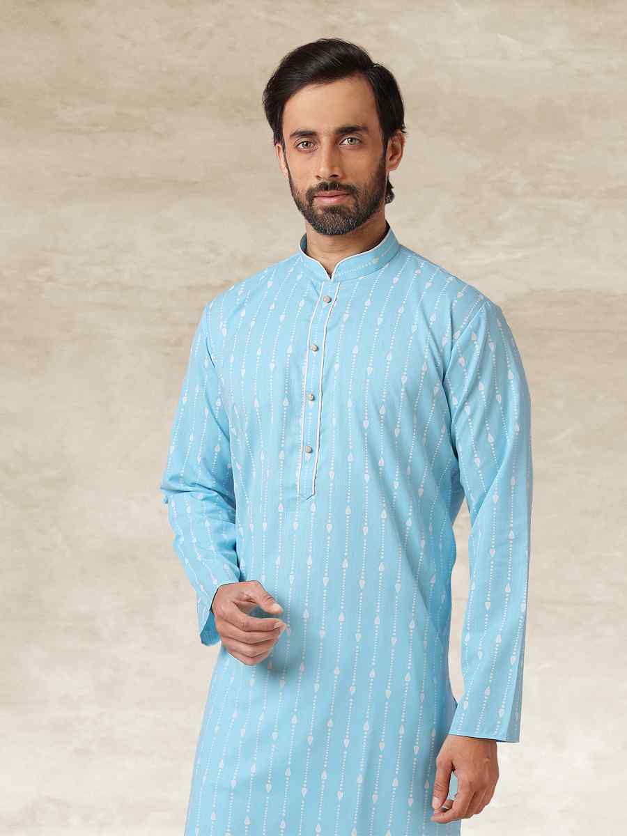 Sky Blue Hand Loomed In Rich Yarns Of Cotton Printed Party Wedding Kurta
